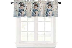 DEBRALEYE Festive Christmas Snowman Curtain Valance, Xmas Black Hat Blue Scarf Snow Ground Valances for Windows, 3" Inch Rod Pocket Cute Window Treatment for Kitchen Bathroom Living Room, 54 x 18 In, 1 Panel