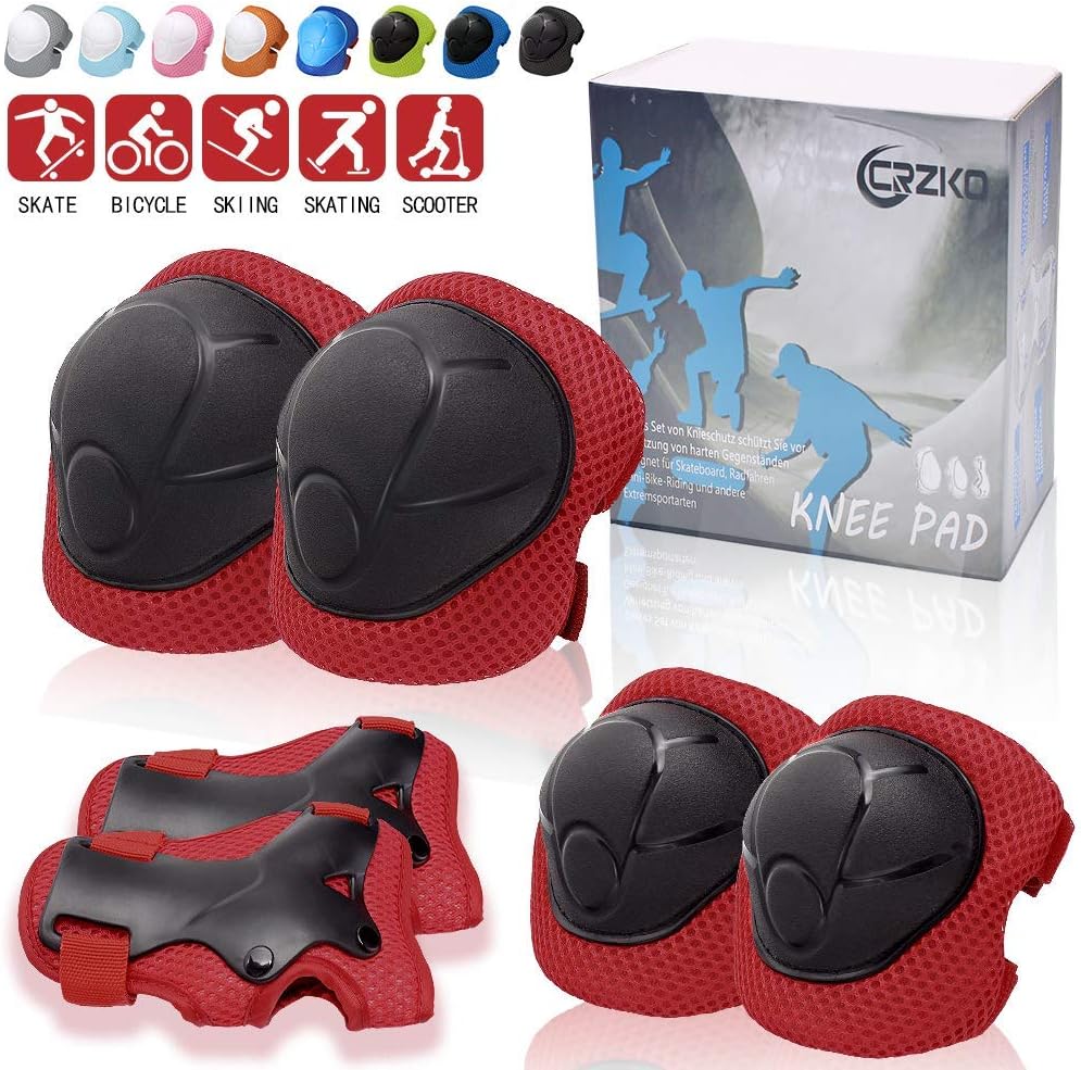 CRZKO Kids/Teenager Protective Gear, Knee Pads and Elbow Pads 6 in 1 Set with Wrist Guard and Adjustable Strap for Rollerblading Skateboard Cycling Skating Bike Scooter