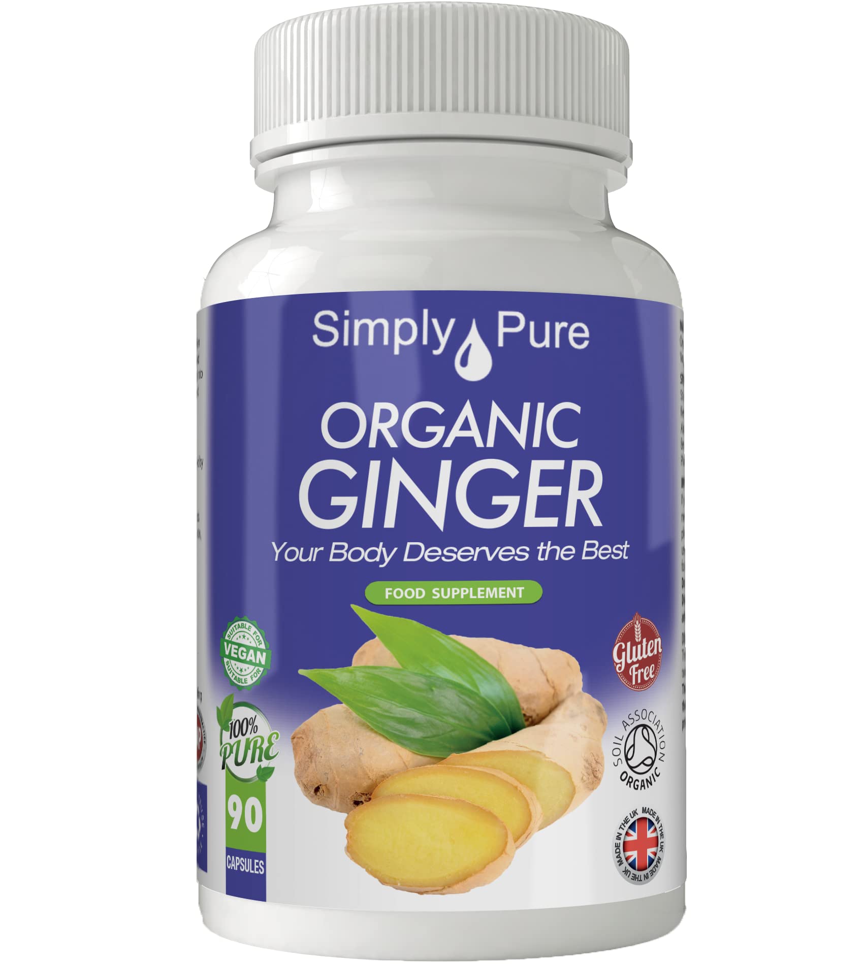 Simply Pure Organic Ginger for Digestive Health & Inflammation | 500 mg x 90 Capsules | 100% Pure Soil Association Certified | Gluten Free | GM Free | Vegan