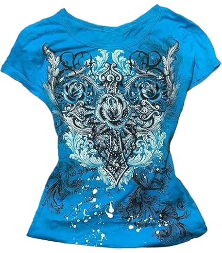 Women Y2K Rhinestone Cross T-Shirt Short Sleeve Round Neck Retro