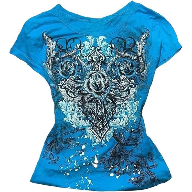 トップス 00s velours volume neck shirt scull y2k Women Y2k Vintage T-Shirt Crew Neck Short Sleeve Skull Print