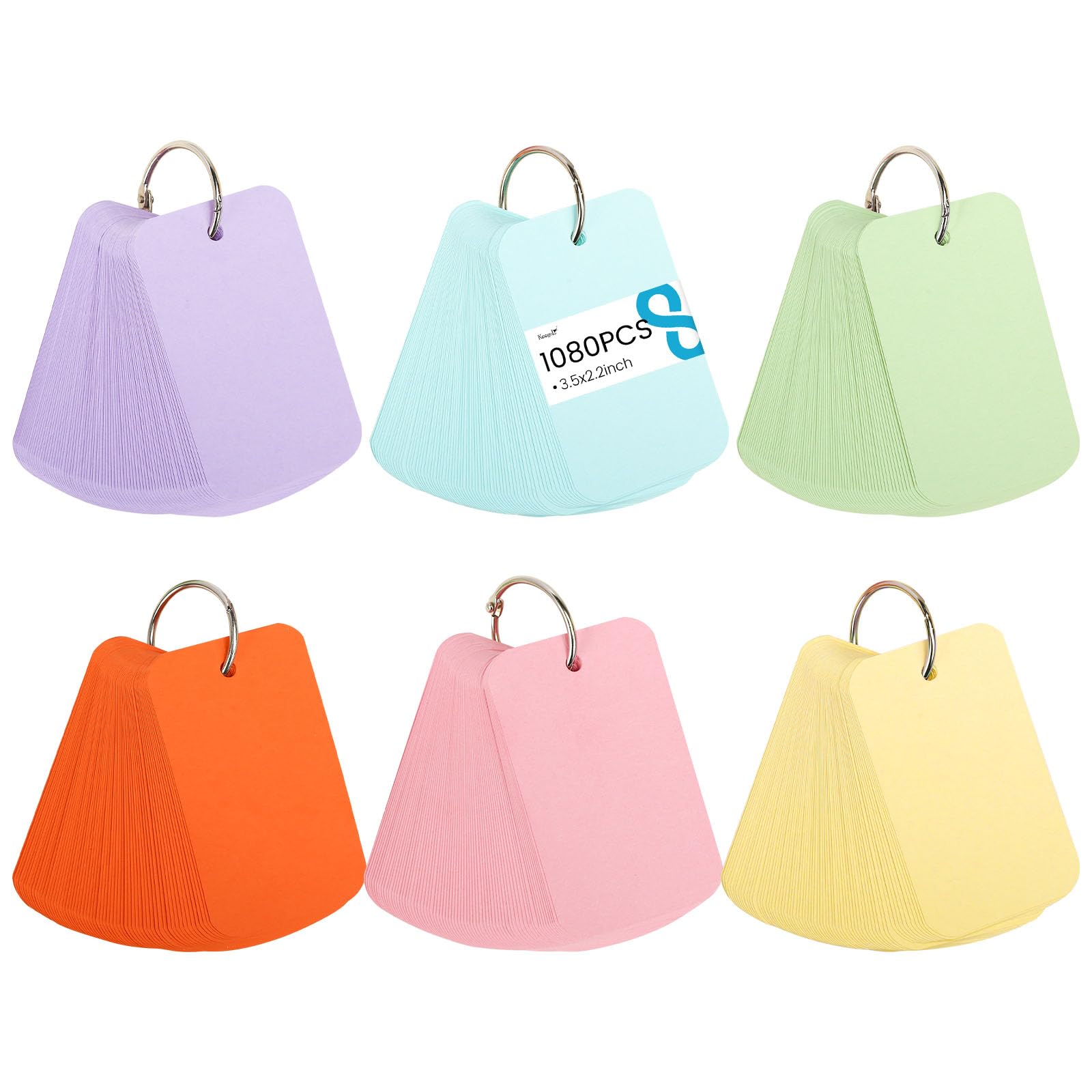 Koogel 1080PCS Index Cards with Rings for School, 2.2 x 3.5 Inch, Colored Flash Cards for Studying, Portable Notecard for Classroom Tests Preparation Teacher Education Office Supplies, 6 Colors