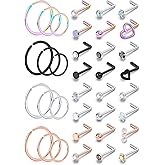 Gadeaila 18G 20G 22G Nose Ring Studs Surgical Steel L Shaped Nose Studs Nose Rings Hoop Diamond Heart Cute Hypoallergenic Nostril Piercing Jewelry Silver Rose Gold Black Rainbow Nose Jewelry