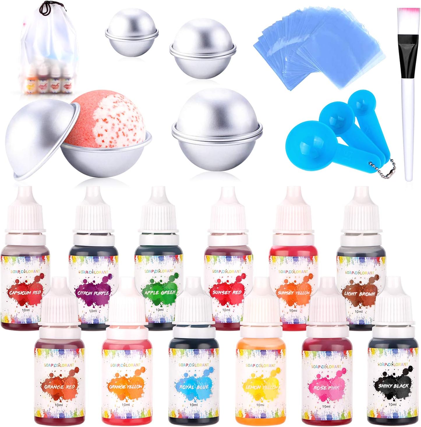 Bath Bomb Mold Set with 12 Colors Liquid Soap Dye, Shrink Wrap Bags, 1Brush 1Spoons 1Gift Bag for Crafting Your Own Fizzles