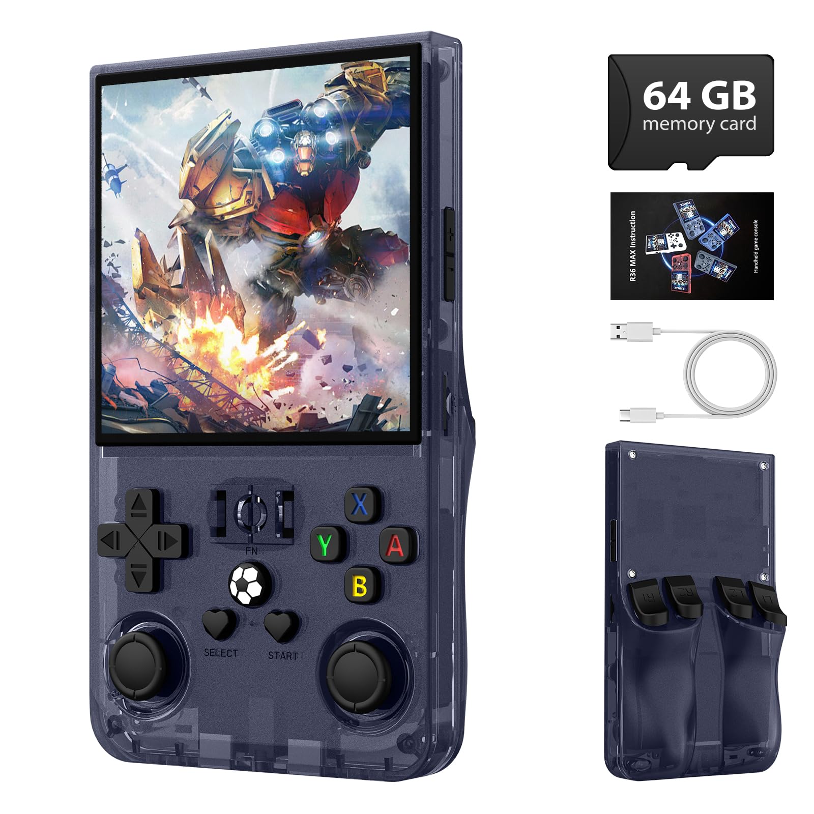 Photo 1 of R36MAX Retro Handheld Game Console - 64GB Preloaded Classic Video Games, Support 30+ Simulators, Linux-Powered Portable Game Emulator Console with 4.0-in HD IPS Screen (Transparent Gray)