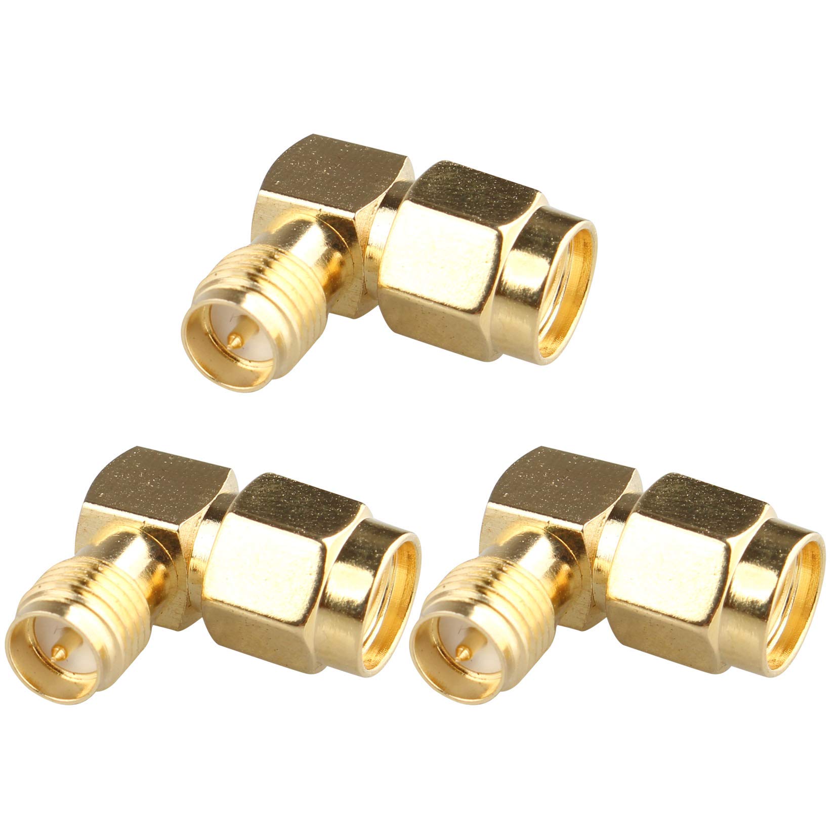 Jopto 3PCS 90 Degree Adapter Connector RP-SMA Female (No Pin) to RP-SMA Male (Pin) Gold Plated Antenna Plug Right Angle Coaxial Converter for 2G 3G 4G LTE Antenna Goggles Antenna Huawei UMTS Broadband