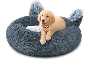 AUVCE Calming Donut Dog Bed for Small Dogs and Cats, Comfort Round Dog Bed, Anti Anxiety Washable Dog Bed, Fluffy Plush Faux Fur Pet Bed, 20" Grey