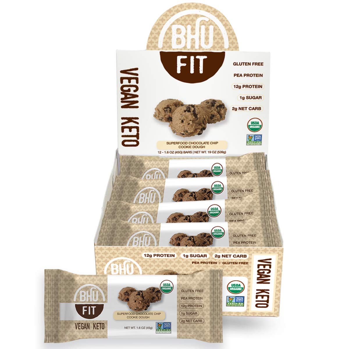 BHU Fit Protein Bar, Chocolate Chip Cookie Dough - Organic, Vegan & Keto-friendly Snack - Clean Ingredients which are Low Carb & Low Sugar, Grain & Gluten free, Dairy-free & Non-GMO (12 pack)