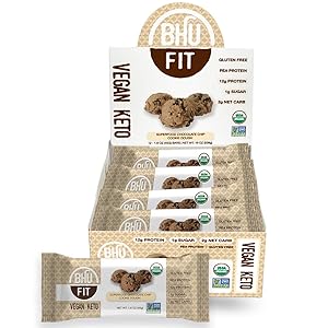 BHU Fit Protein Bar, Chocolate Chip Cookie Dough - Organic, Vegan & Keto-friendly Snack - Clean Ingredients which are Low Carb & Low Sugar, Grain & Gluten free, Dairy-free & Non-GMO (12 pack)