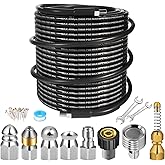 110FT Sewer Jetter Kit for Pressure Washer, 5800PSI Drain Cleaner Hose 1/4 Inch NPT Corner, Rotating Button and Spray Sewer Jetting Nozzle, Water Jet Drain Cleaner Spanner Tape Pearl Corsage Pin