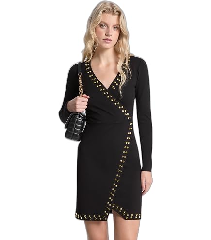 astor stud stretch knit long-sleeve dress Michael Kors Women's Ruch Mini Shirt Dress, Black, XXS at Amazon Women's Clothing store Angled gently across the
