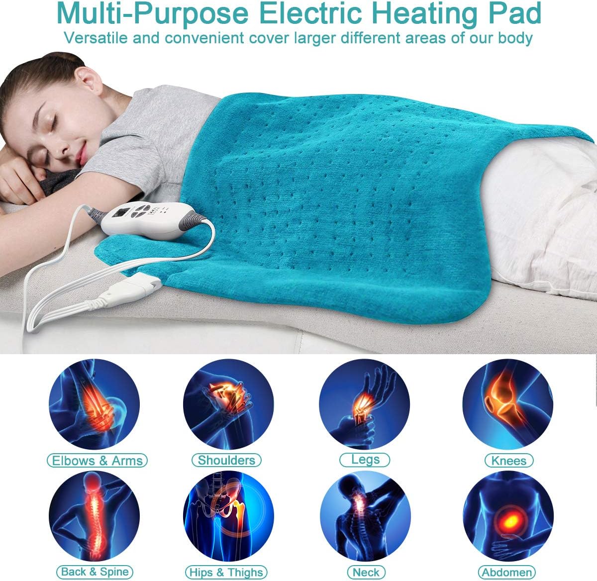 Tech Love XXL Electric Heating Pad for Neck Shoulder and Back Pain Relief with Fixation Strap Moist Heat Pad with Auto Shut Off Extra Large 20'' x 28'' - Maya Blue: Health & Personal Care