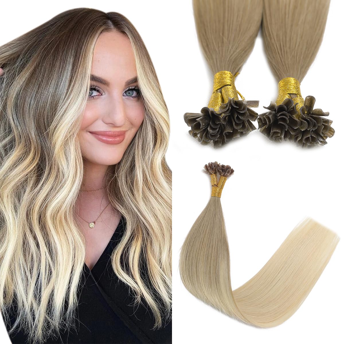 Sindra Blonde U Tip Hair Ombre Ash Brown to Platium Blonde Fusion Extensions 14 Inch 40g Pre Bonded Human Hair Extensions 50 Strands Straight #8/60 14inch — image 1
