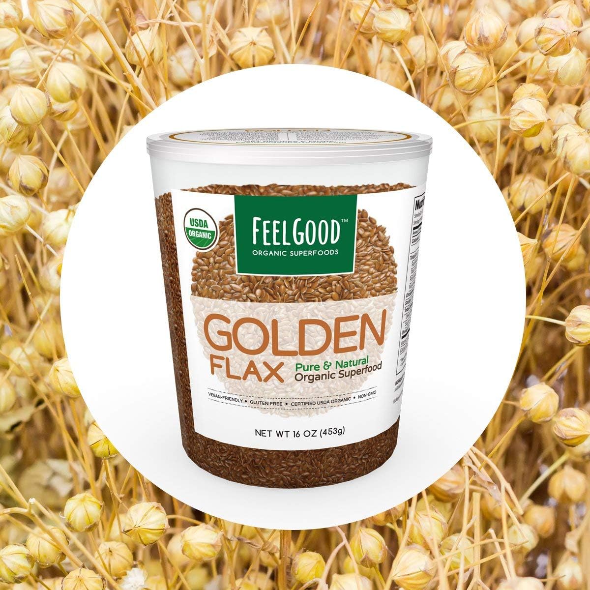 FEEL GOOD Premium Organic Golden Flax Superfood (1 lb) USDA Certified, Gluten Free, Non-GOM & Vegan Friendly - High In Omega-3 For Heart Health, Lignans & Fiber