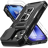 DEERLAMN Case for iPhone 17 6.3-Inch with Slide Camera Cover + Screen Protector (2 Packs), Rotated Ring Kickstand Military Grade Shockproof Protective Cover-Black