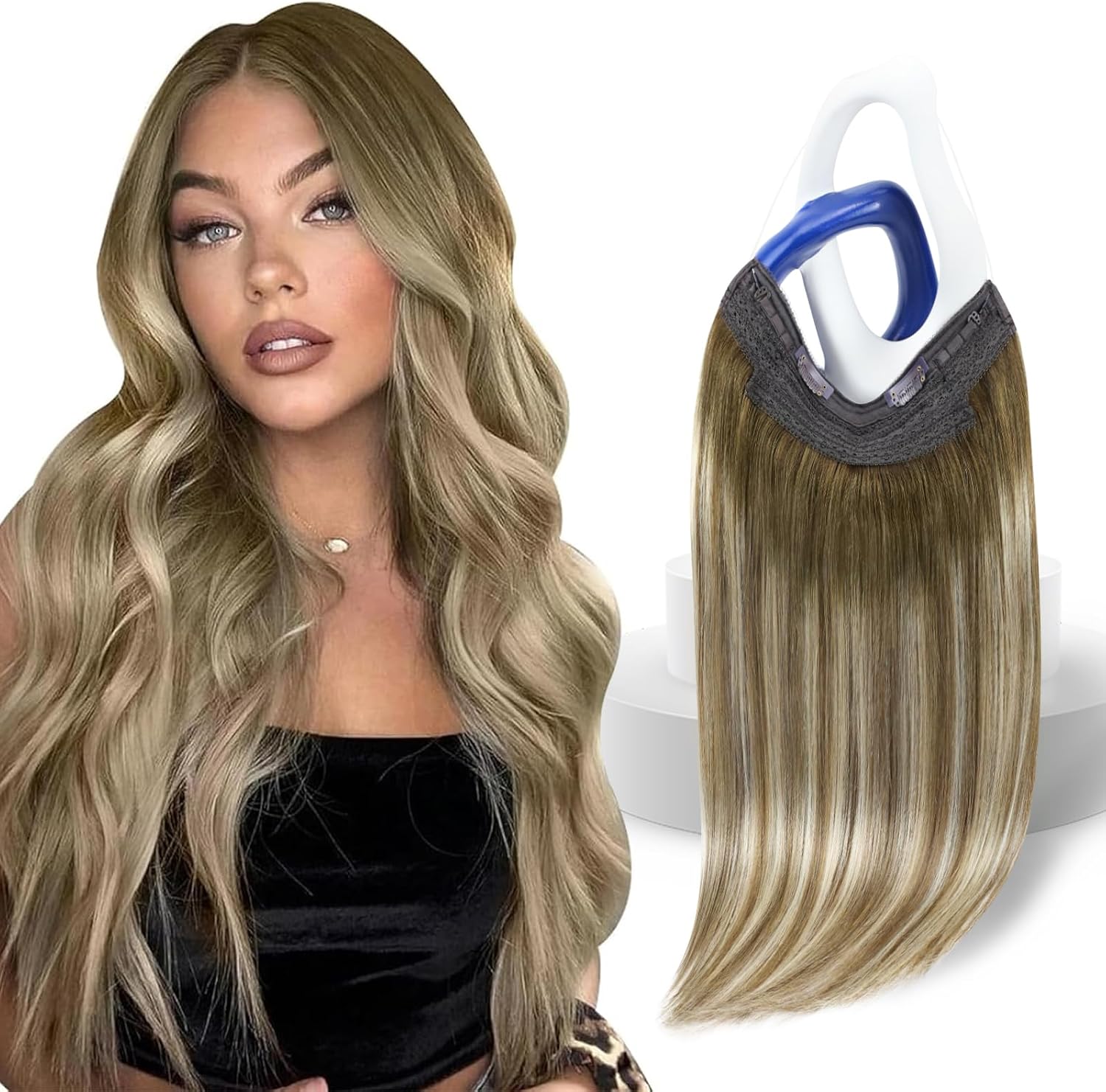 Sunny Hair Wire Hair Extensions for Women 16inch Straight Fish Line Human Hair Extensions Invisible Wire Extensions Easy to Apply Cool Brown Ombre Light Brown Balayage Blonde 85g