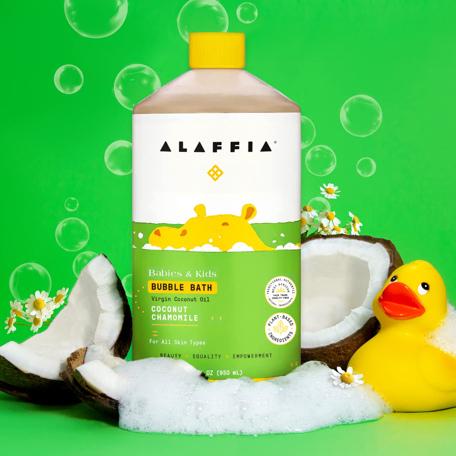 Alaffia Babies & Kids Bubble Bath, Coconut Chamomile, Pump Included – Gentle Cleanser with Raw Shea Butter and Yarrow, 32 Fl Oz