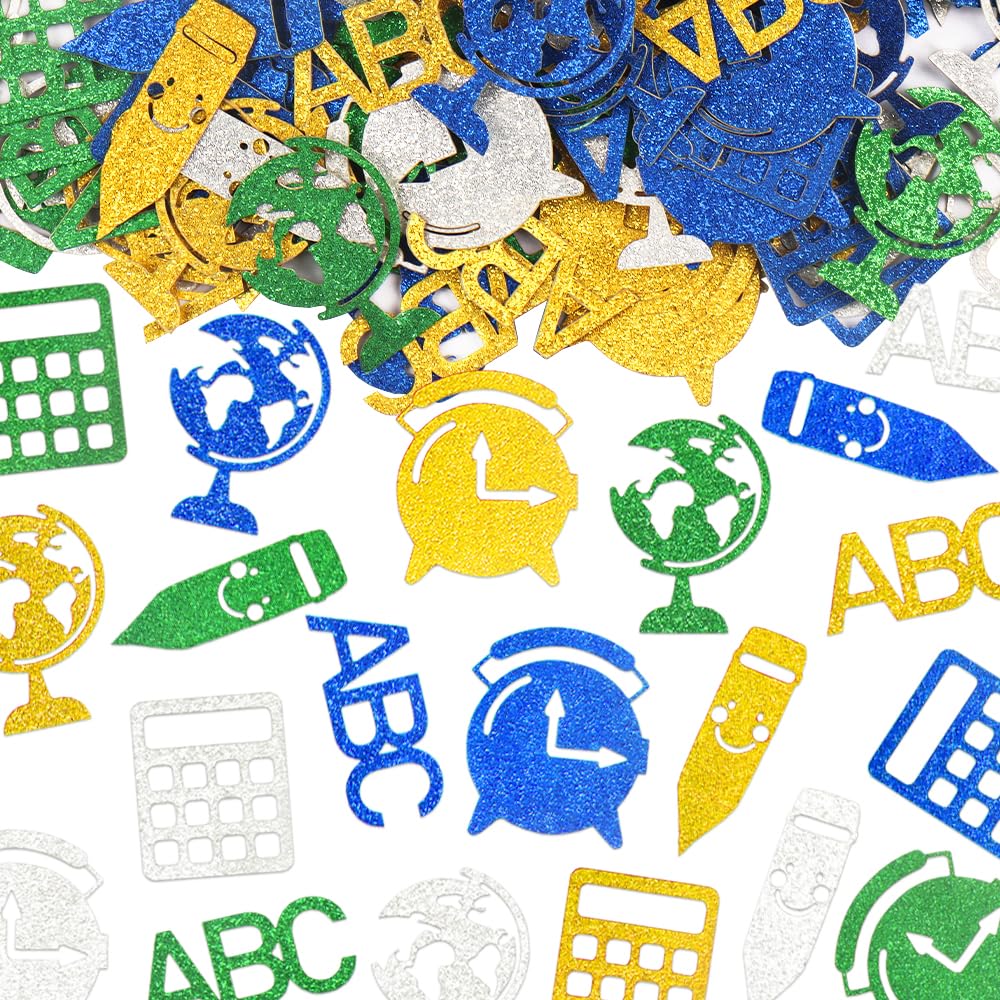 Photo 1 of 200 Pieces Back to School Confetti Silver Gold Blue ABC Words Pencils Calculator Confetti School Theme Glitter Paper Confetti for First Day of School Teacher Appreciation Gifts Table Favor Decorations
