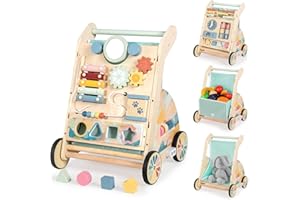 LOL-FUN Wooden Baby Walker with Double-Sided Busy Board, Push Walker for Baby with Adjustable Speed Wheels, Activity Learning
