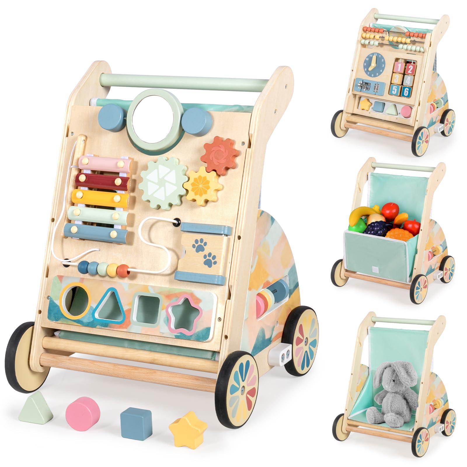 Photo 1 of LOL-FUN Wooden Baby Walker with Double-Sided Busy Board, Push Walker for Baby with Adjustable Speed Wheels, Activity Learning Walker for Boys 6-12 Months