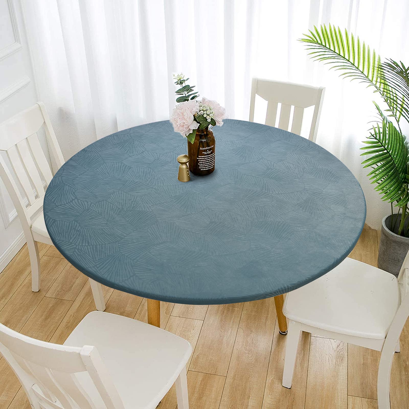 Elastic Edged Vinyl Round Fitted Tablecloth - Oil & Waterproof Wipeable Plastic Table Cover Indoor Outdoor Patio Round Fitted Vinyl Tablecloth, Plant Pattern (Dark green, 120cm in diameter)
