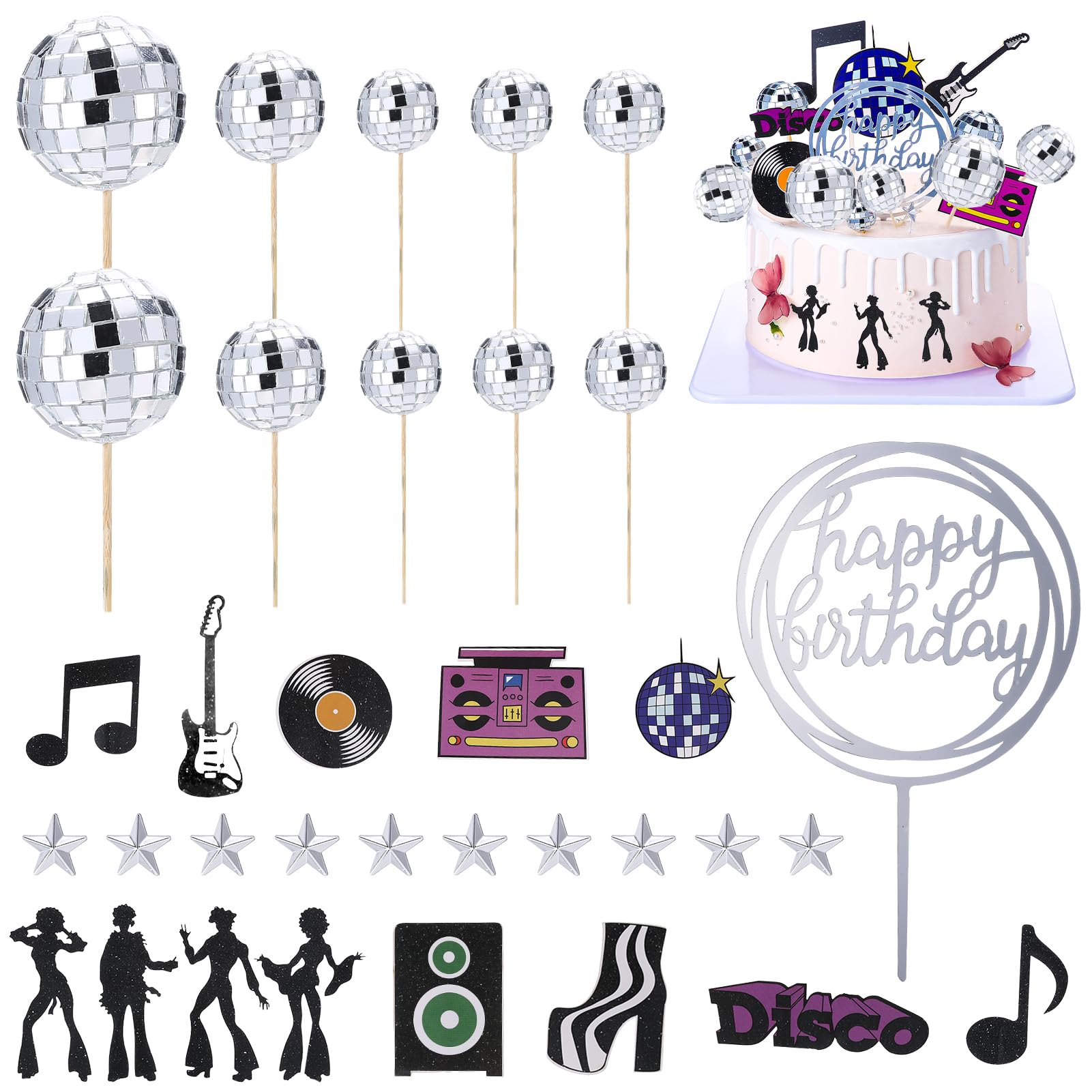 Disco Ball Cake Decorations, 35 PCS Disco Ball Cake Toppers Cupcake Topper Cake Picks 1970s Disco Themed Cake Topper for Disco Theme 70's Party Supplies (3 Size)