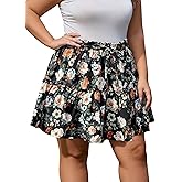 Women's Plus Size Floral Tiered Mini Skorts Ruffle Flowy High Waisted Shorts Boho Beach Summer Skirts with Pockets