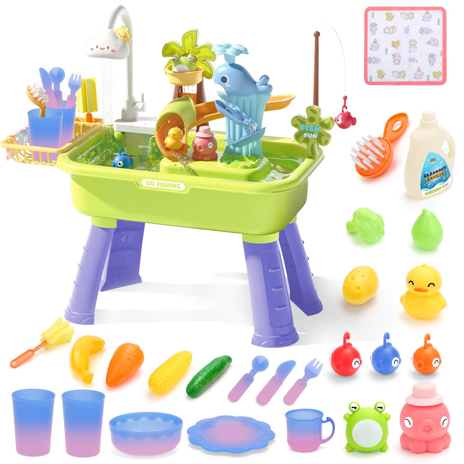 deAO Sand and Water Table Play Set, Multifunctional Dishwashing Sink, Fishing Game Toys, Color-Changing Tableware, Kitchen Accessories, Water Toys, Beach Pool Outdoor Play Toys, Gift for Kids 3+