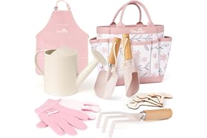 Dreamon Gardening Set Toys for Kids, Quality Garden Tool Kit Includes Tote Bag, Apron, Gloves, Shovel, Rake, Cultivator, Watering Can, STEM Learning Outdoor Gifts for Kids Toddlers (Pink)