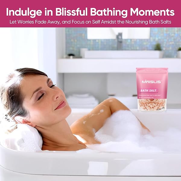 MINSLIS BATH SALTS FOR WOMEN RELAXING, HIMALAYAN PINK SALT WITH LAVENDER OIL ESSENTIAL OIL & SEA SALTS 100% NATURAL AROMATHERAPY AND RELAXATION FOOT SPA BODY FOR PAIN RELIEF