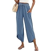 LOMON Women Linen Palazzo Pants Boho Wide Leg Elastic Waisted Casual Capri Pant Summer Harem Lounge with Pockets