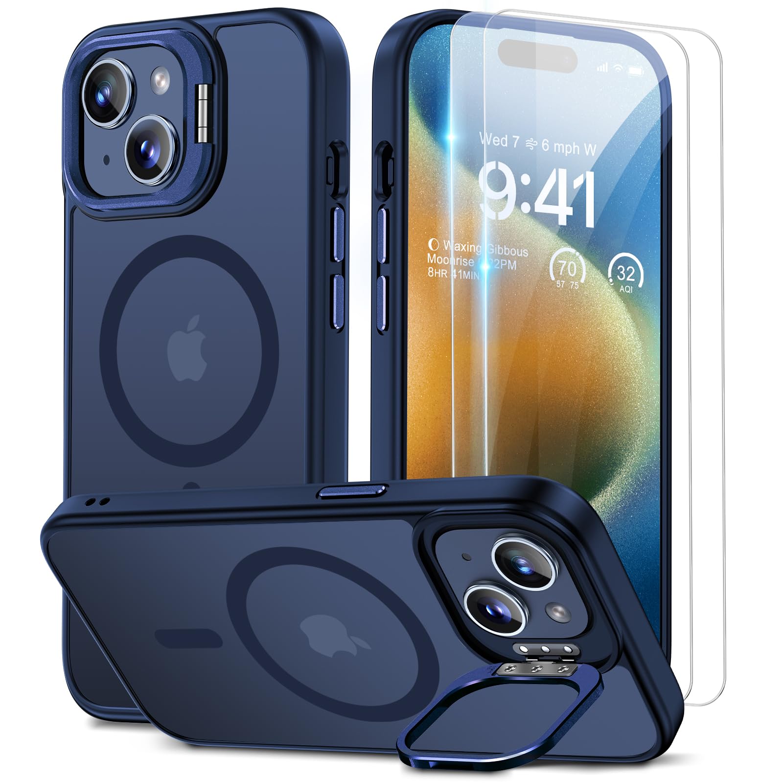 Beeasy for iPhone 15 Case MagSafe Phone Case with 2 Screen Protectors and Stand, Military Shockproof Protective Slim Cover, Case for iPhone 15 6.1 Inch, Translucent Blue