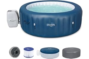 Bestway SaluSpa Milan AirJet 4 to 6 Person Inflatable Hot Tub Round Portable Outdoor Spa with 140 AirJets and EnergySense Energy Saving Cover, Blue