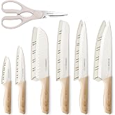 Astercook Knife Set, 13 Pieces Kitchen Knives Set with Ceramic Coating, Stainless Steel Chef Knife Sets with 6 Blade Guards, Dishwasher Safe Knives with Wood Grain Handle, Elegant White