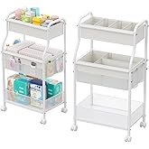 Diaper Caddy Organizer 3-Tier Rolling Cart, Metal Utility Cart with 4+2 Dividers & Lockable Silent Casters, Mobile Storage Cart for Nursery Essentials, Multi-Purpose for Kidsroom Changing Table