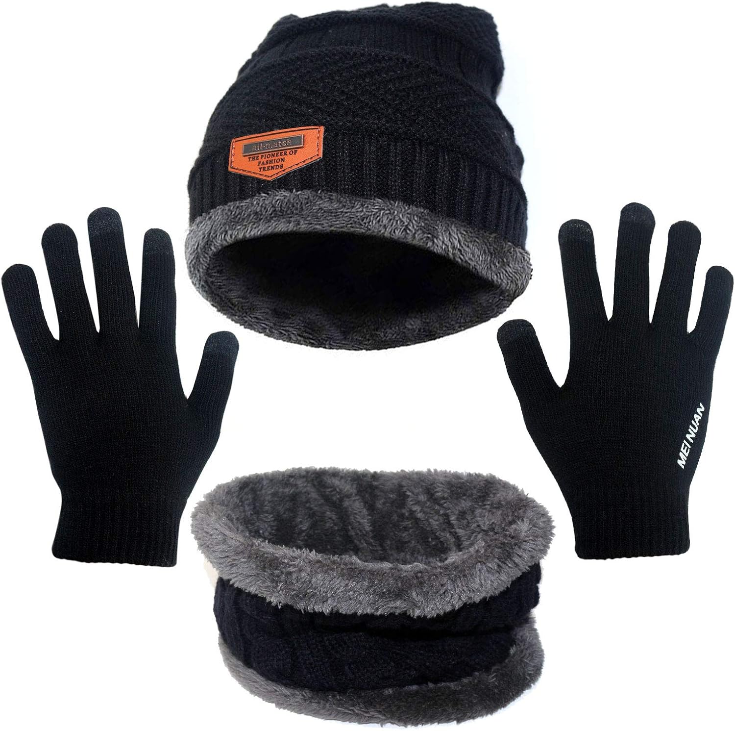 Unisex Hat Scarf and Gloves Set,Warm Knit Slouch Beanie Hat Skiing Neck