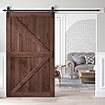 ROYMELO 48x84 inch Sliding Barn Wood Door Slab with 8ft Hardware Kit and Handle, Coffee, K Shape, Simple DIY Assembly