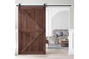 ROYMELO 48x84 inch Sliding Barn Wood Door Slab with 8ft Hardware Kit and Handle, Coffee, K Shape, Simple DIY Assembly