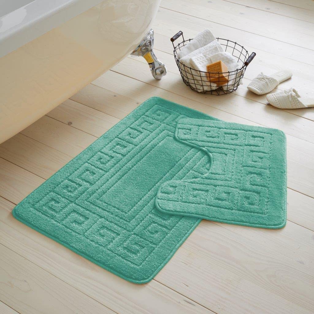 DL 2 Piece Greek Anti-Slip Bath Mat and Pedestal Set, Extra Absorbent 100% Polypropylene Bathroom Toilet Rug, Teal