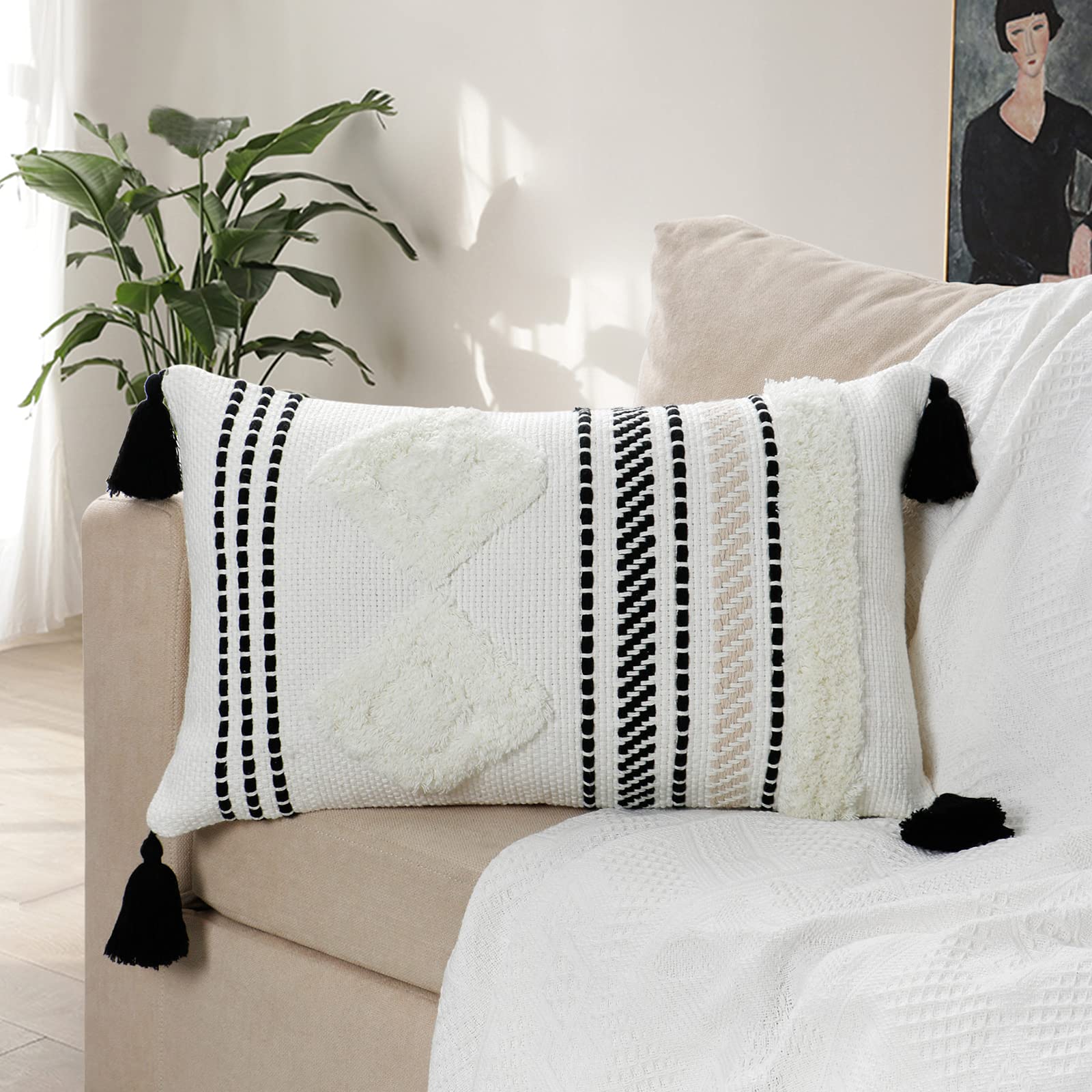 LOMOHOO Decorative Boho Throw Pillow Cover,12x20 Beige Pillowcase for Couch Sofa Bed,Woven Tufted Cotton Cushion Case with Tassels for Living Room