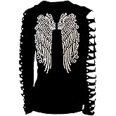 Long Angel Wings Bling Rhinestones T-Shirt Ripped Cut Out, Sassy Classy Cute Sexy Graphic Long