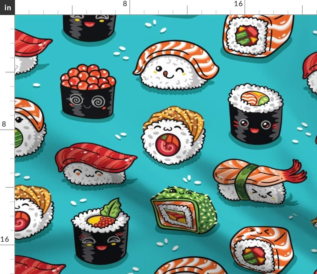 Spoonflower Fabric - Cute Sushi Kawaii Food Fish Japanese Roll Seafood Printed on Petal Signature Cotton Fabric by The Yard - Sewing Quilting Apparel Crafts Decor