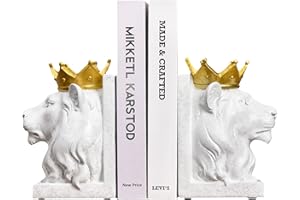 Kakizzy Decorative Lion Bookends - Modern Animal Book Stoppers for Heavy Books - White Lion Figurines