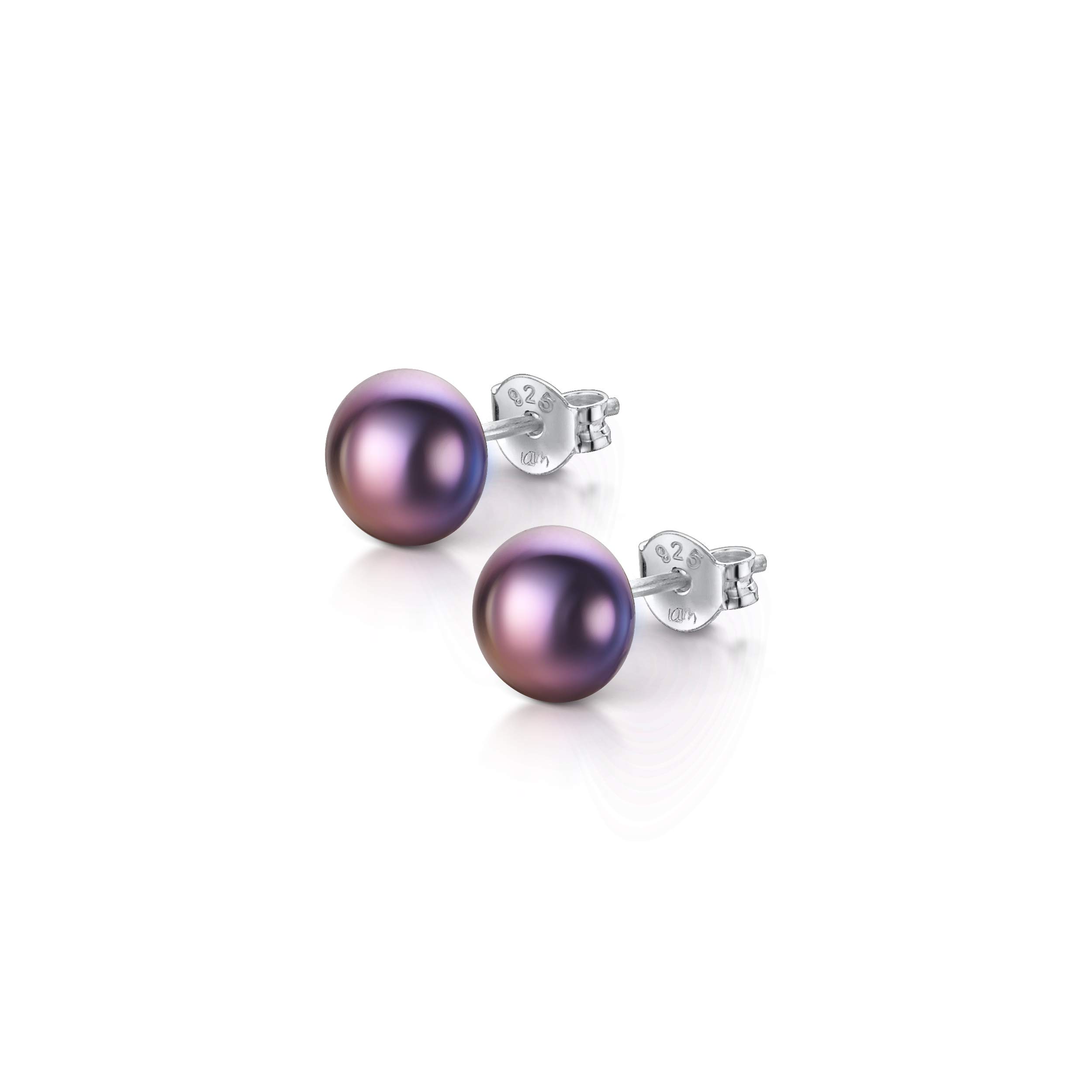 Amberta Women's 925 Sterling Silver Freshwater Pearl Stud Earrings: 6 to 7 mm Dark Pearl