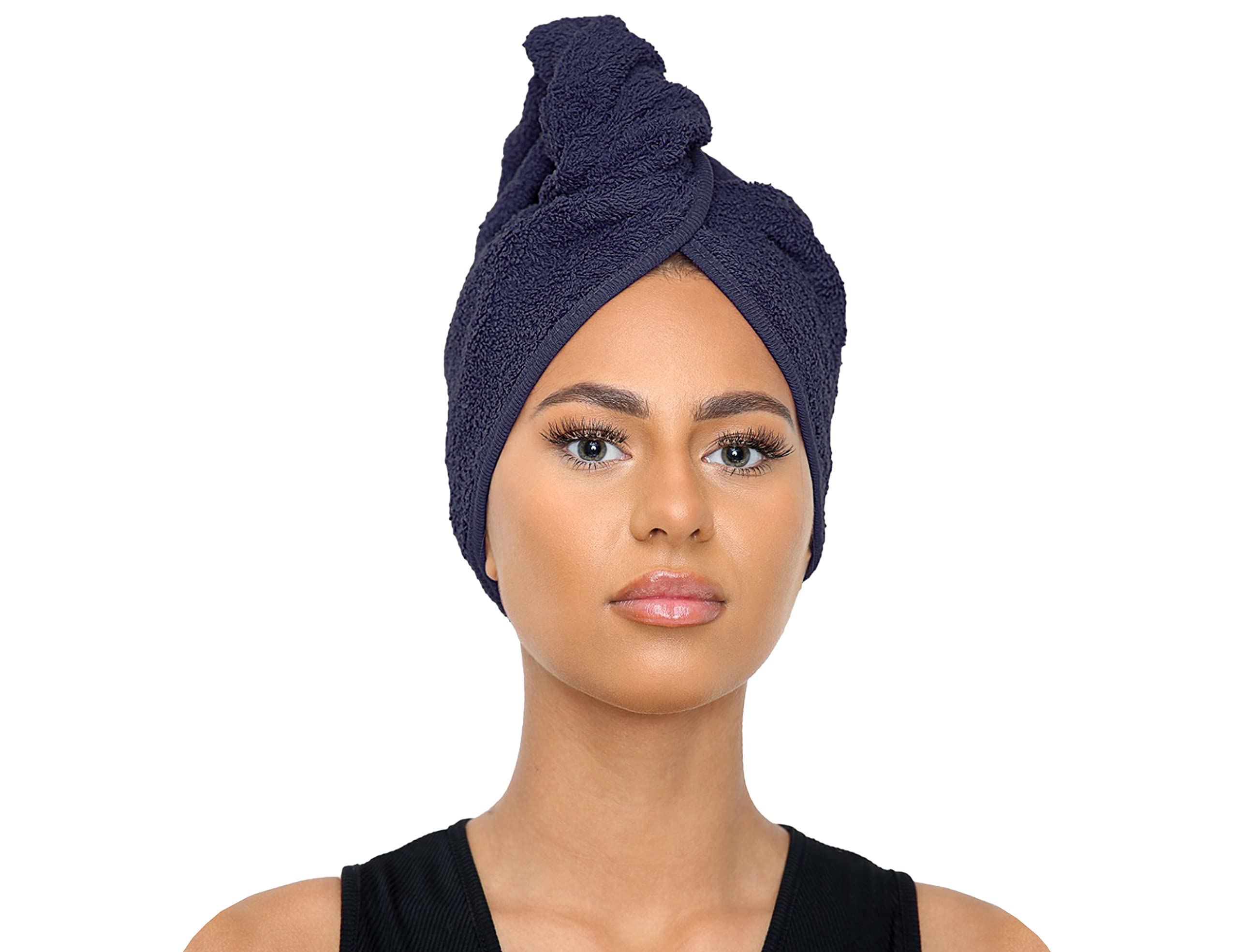 Sapphire Collection Hair Drying Towels, 100% Pure Terry Towel Cotton Soft Hair Towel Wrap Hair Twist Turban Towel Absorbent Hair Cap Head Wrap Spa Towels with Loop & Button for Long Hairs (Navy)