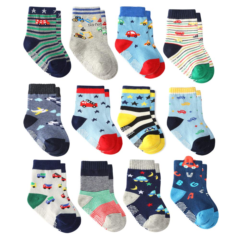 Photo 1 of 12 Pairs Toddler Boy Grip Socks - Baby Cotton Non Slip Infant Newborn Anti Skid for Kids Boys (Super Star, 5-7 Years)
