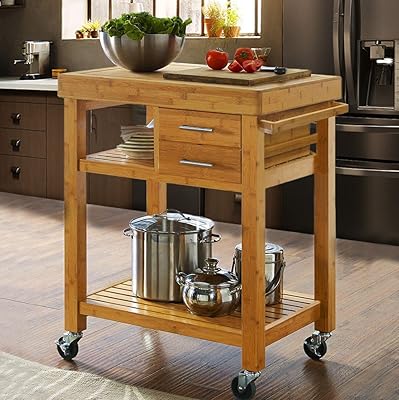 Clevr Rolling Bamboo Kitchen Island Cart with Towel Rack and Shelves