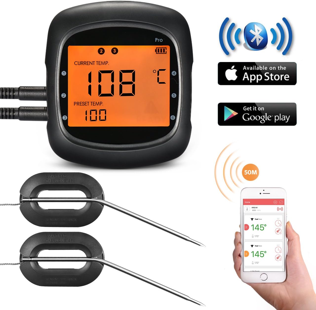 Barbecue Thermometer, TOPELEK Bluetooth Cooking Thermometer Large Backlit Display, Instant Reading, Magnetic Mounting, Chritstmas Gift 2 Probes for Kitchen, Grill, BBQ, Steak, Turkey(Battery Included)