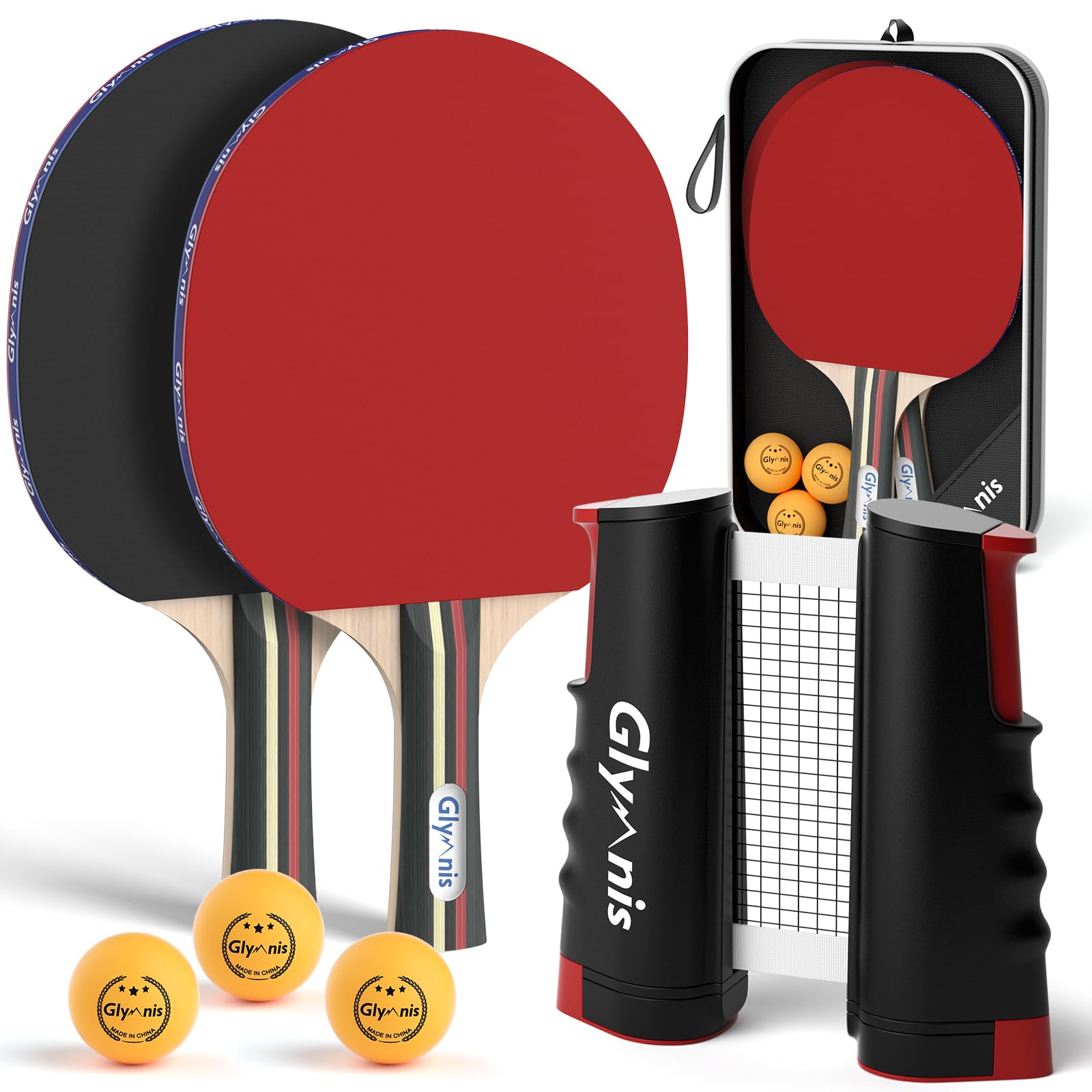 Glymnis Ping Pong Paddles Set Table Tennis Rackets with Balls, Storage Case for Indoor Outdoor Table Tennis Paddle Game Accessories