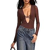SOLY HUX Women's Deep V Neck Long Sleeve Bodysuits One Piece Leotard Party Tee Tops